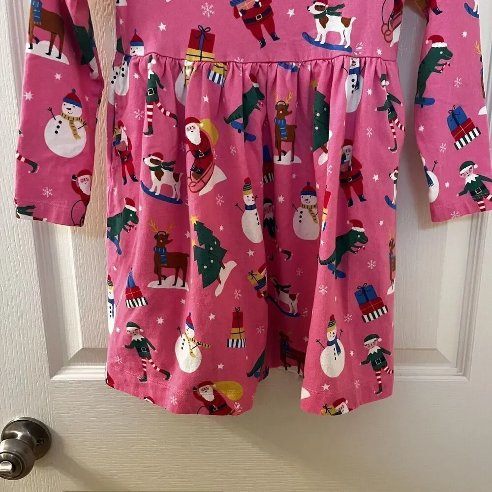 Mini Boden Festive Fun Pink Christmas Dress Dinosaurs Santa Pockets Girls SZ 5-6
